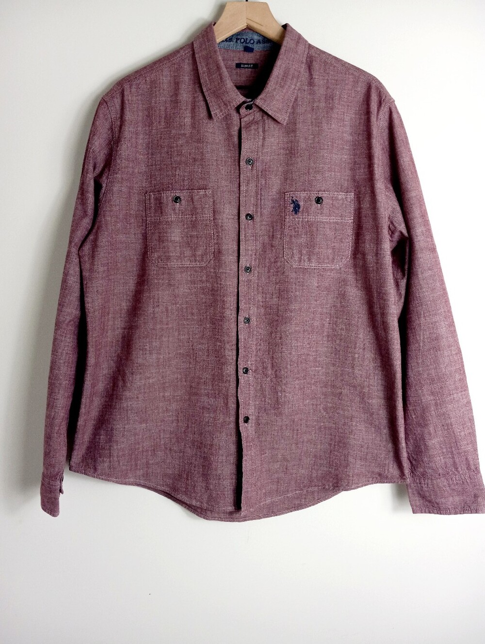U.S. POLO ASSN Men's Long-Sleeve Heathered Burgundy Button-Down Shirt